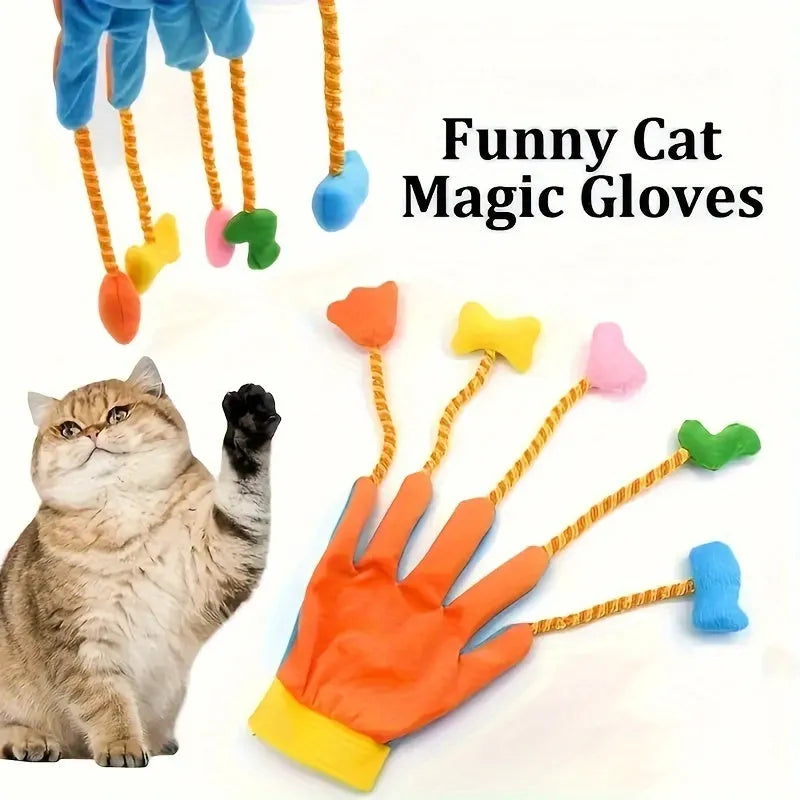 Yellow and blue plush cat toy shaped like a glove with a bell, shown on a scale indicating 52g weight.