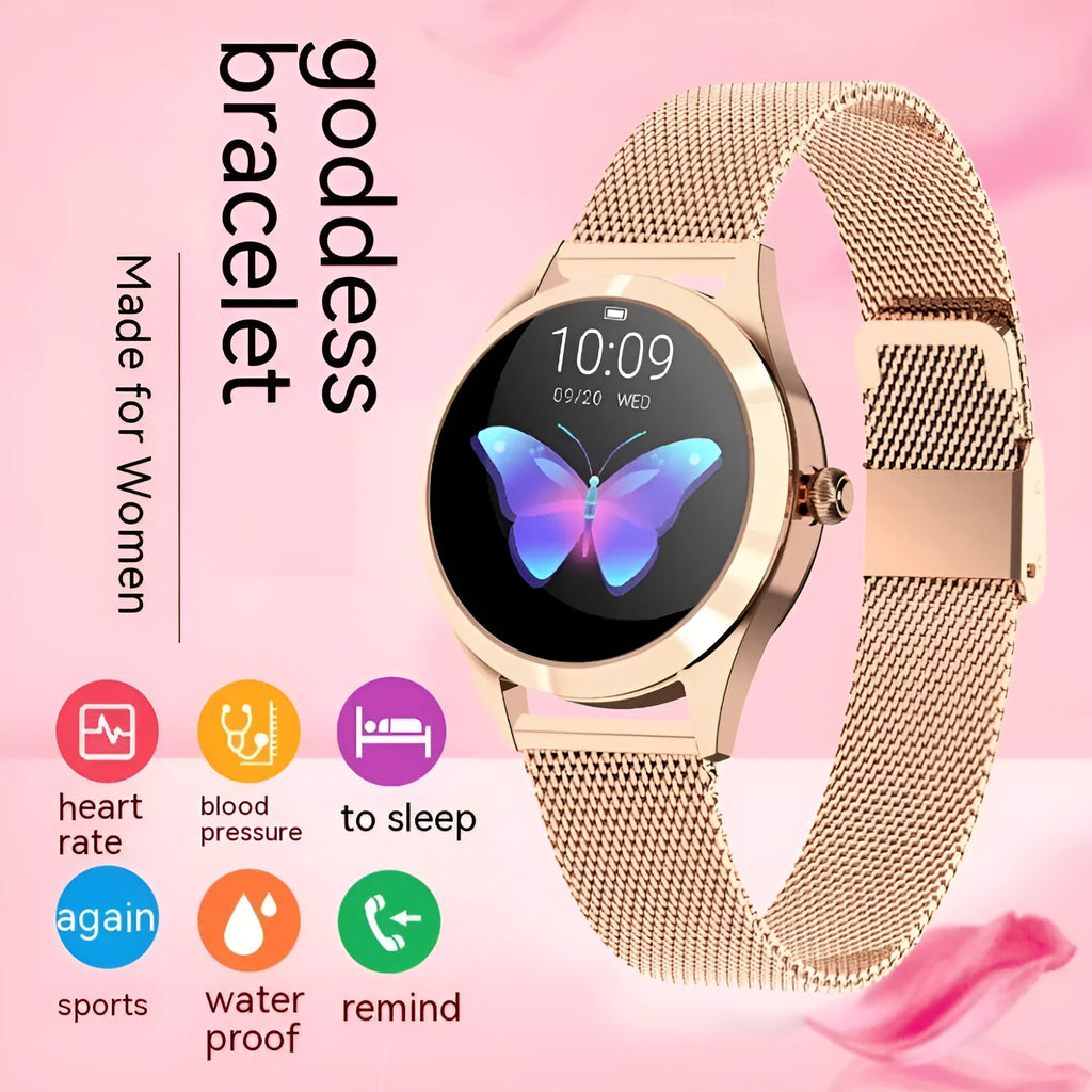 Women's sports smartwatch with colour display showing heart rate monitoring, available in black, rose gold, silver, and white colours