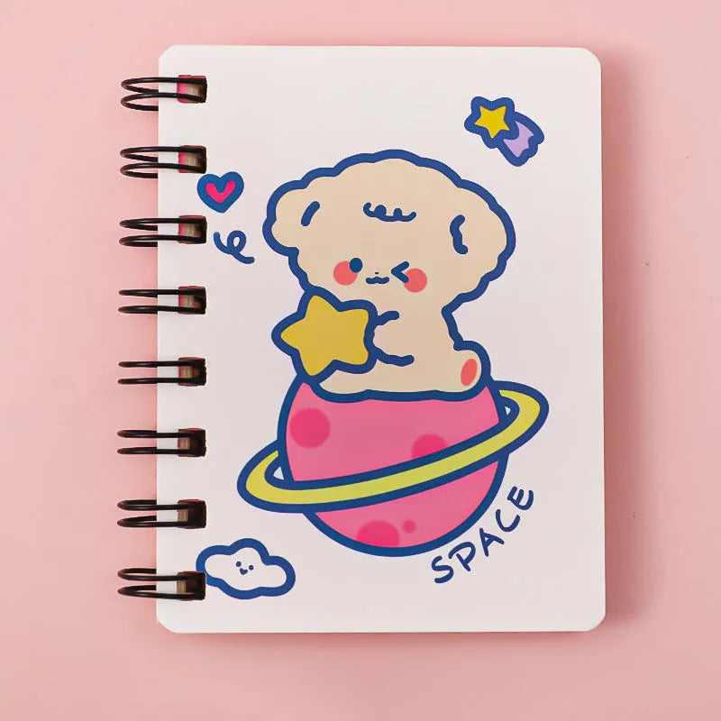 Astronaut-themed pocket notebook with flip closure showing 10.5 × 8 cm dimensions