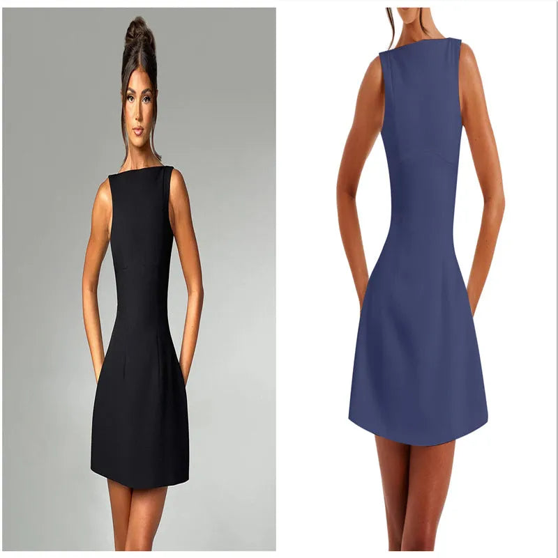 Backless slim-fitting sleeveless summer dress in polyester fabric on a hanger