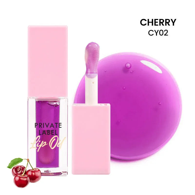 Six transparent lip gloss tubes in fruity flavours: bird of paradise, cherry, coral, mango, strawberry, watermelon