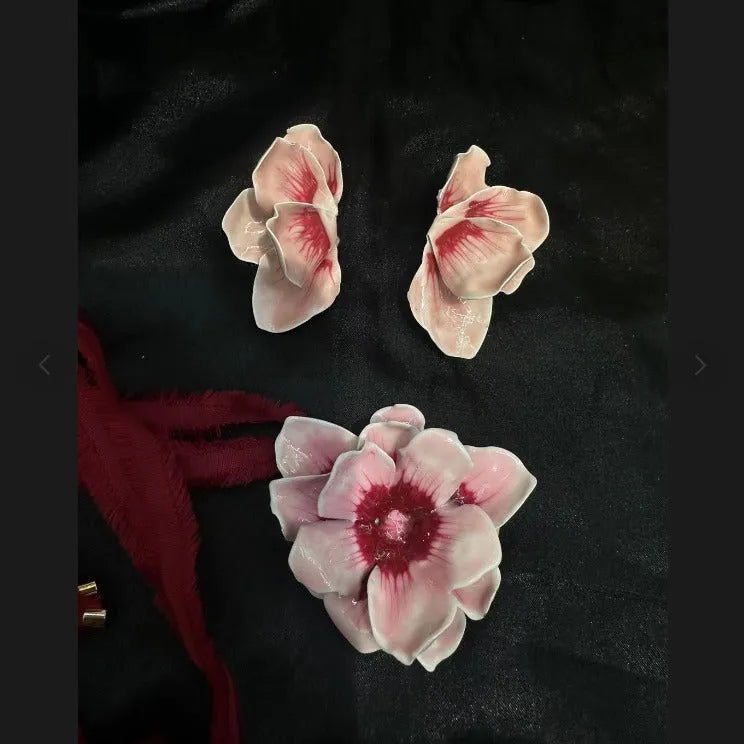 Pastoral style alloy flower stud earrings with oil-spot glaze finish in blue, green, purple, and rose colour options.
