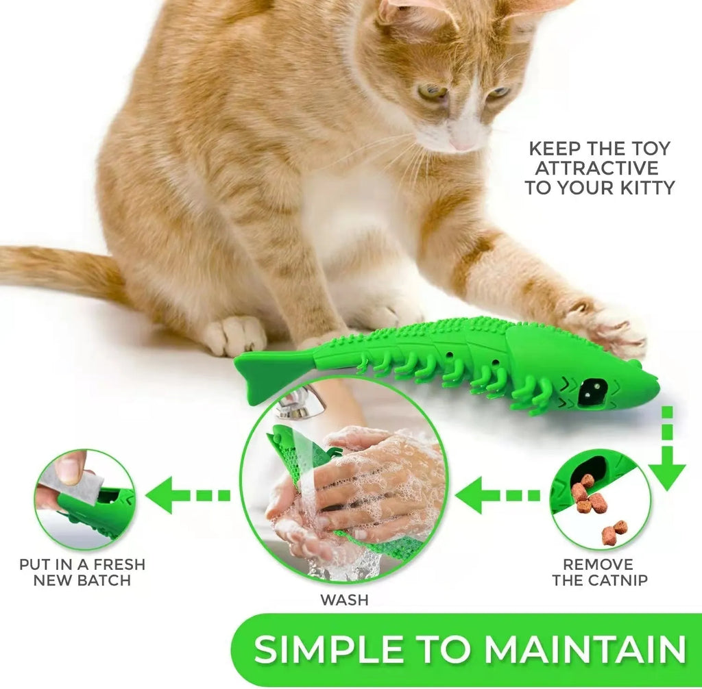 Blue hard rubber catnip toy with teeth cleaning texture and bell for interactive feline dental play