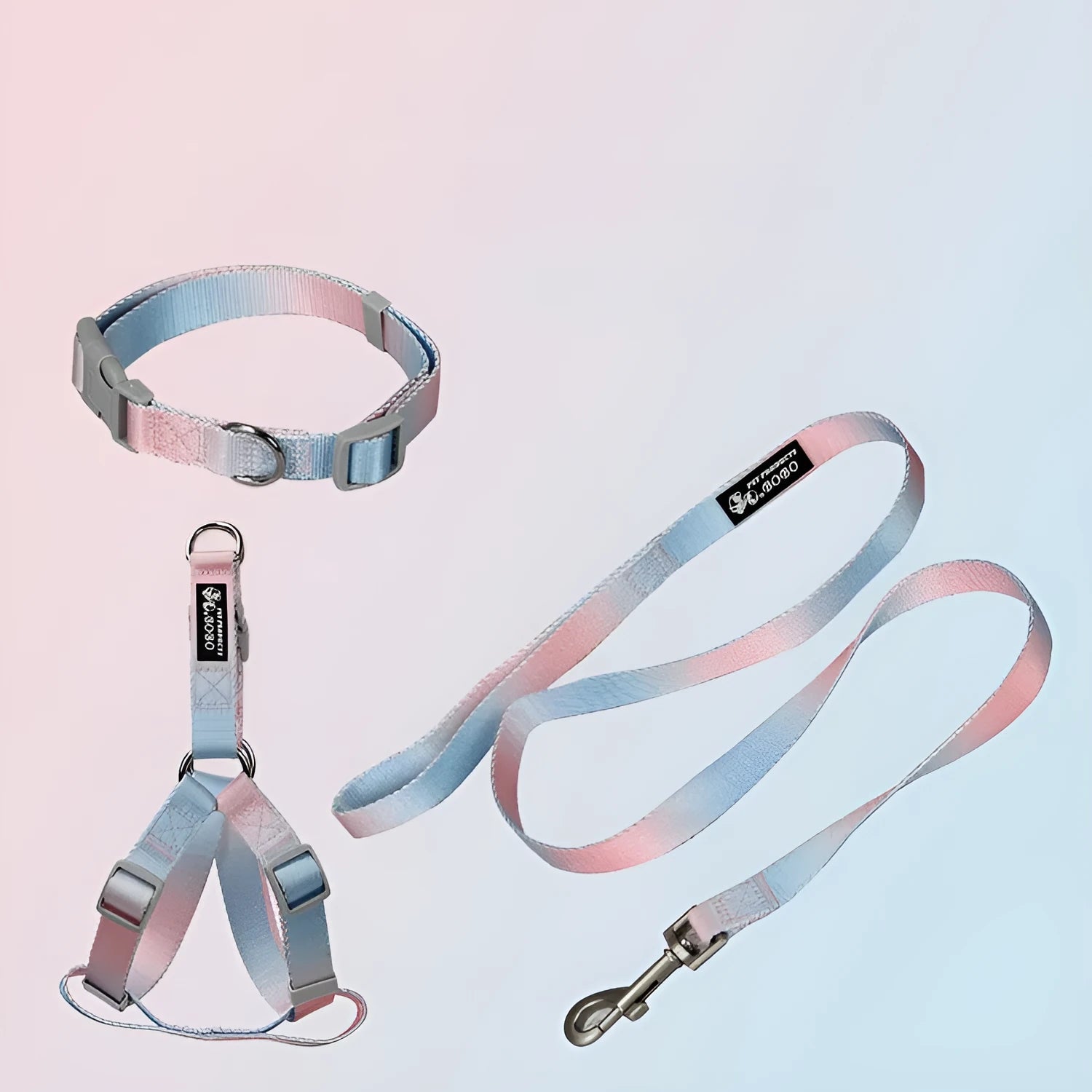 Gradient colour nylon dog leash set with collar, bracelet, and chest strap options in pink/yellow and purple/green combinations