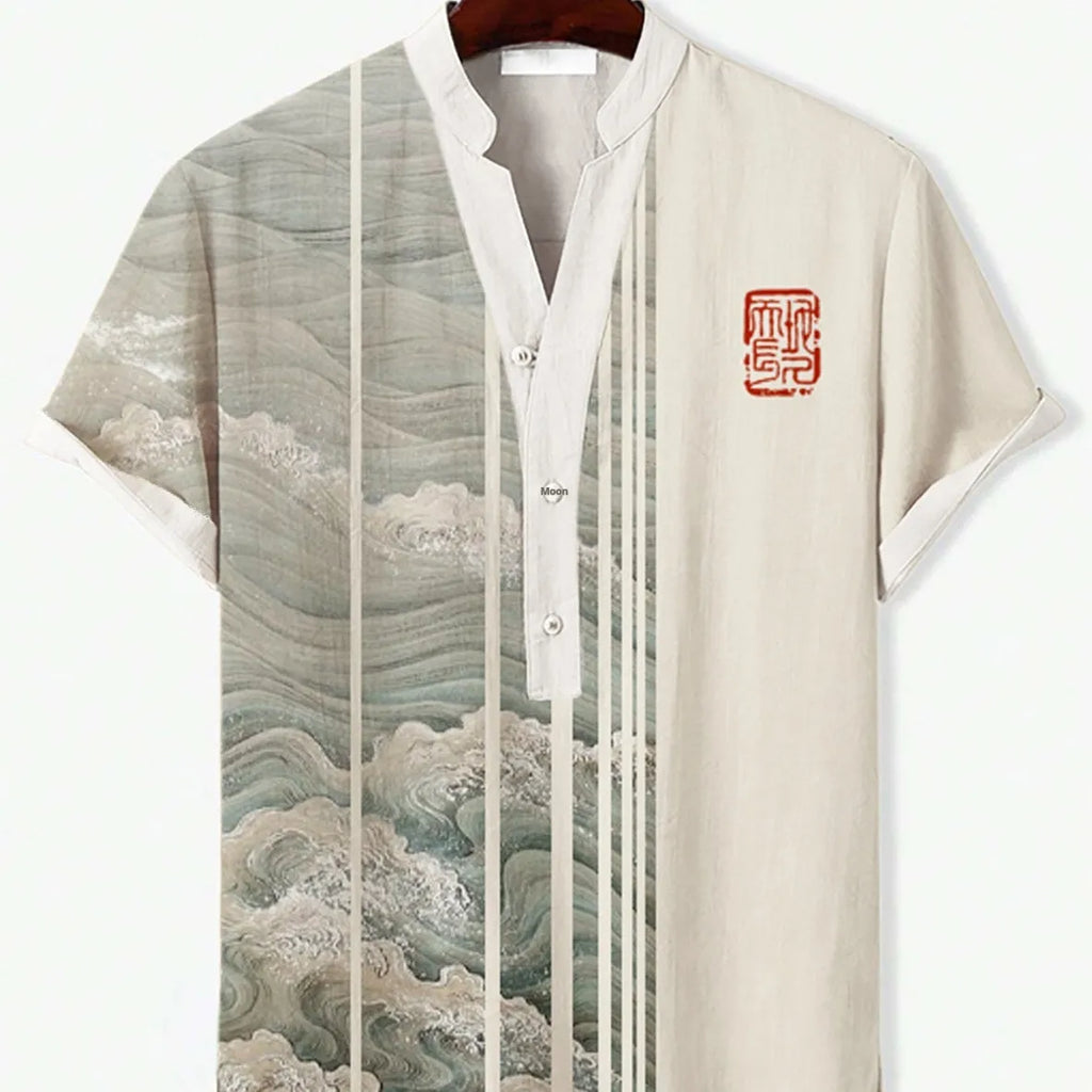 Man wearing a short sleeve shirt with a vivid 3D digital print of an animal graphic.