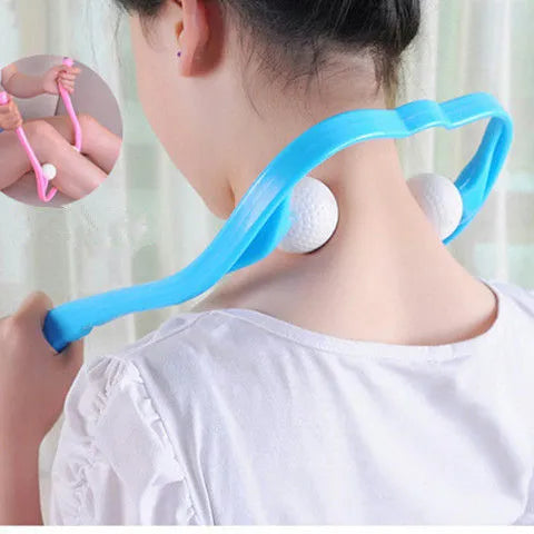 Plastic handheld neck and shoulder massager with adjustable width and roller head in pink, blue, and green colours.