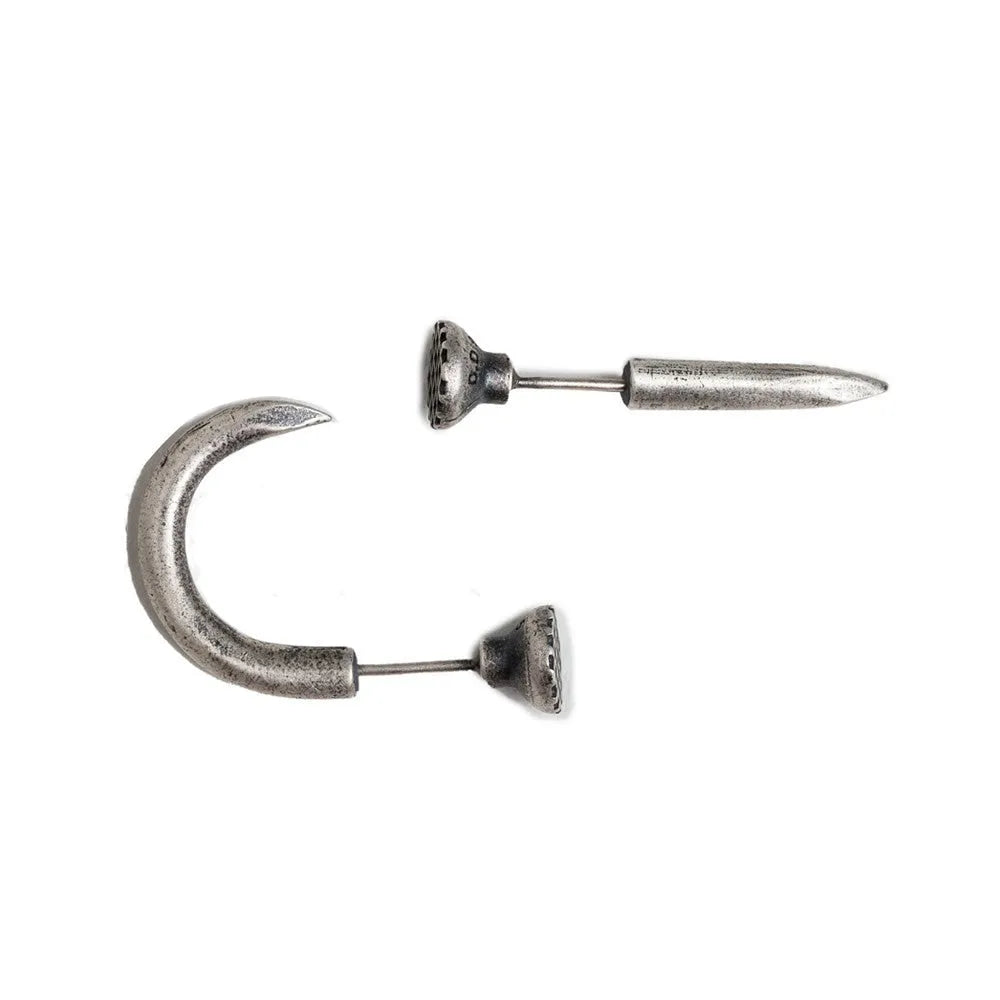 Sterling silver nail stud earrings in straight or curved punk style on ear hook.