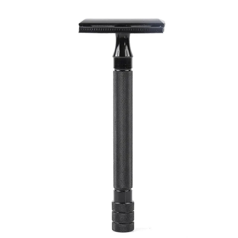 Traditional manual shaving razor with brush set in black or silver finish