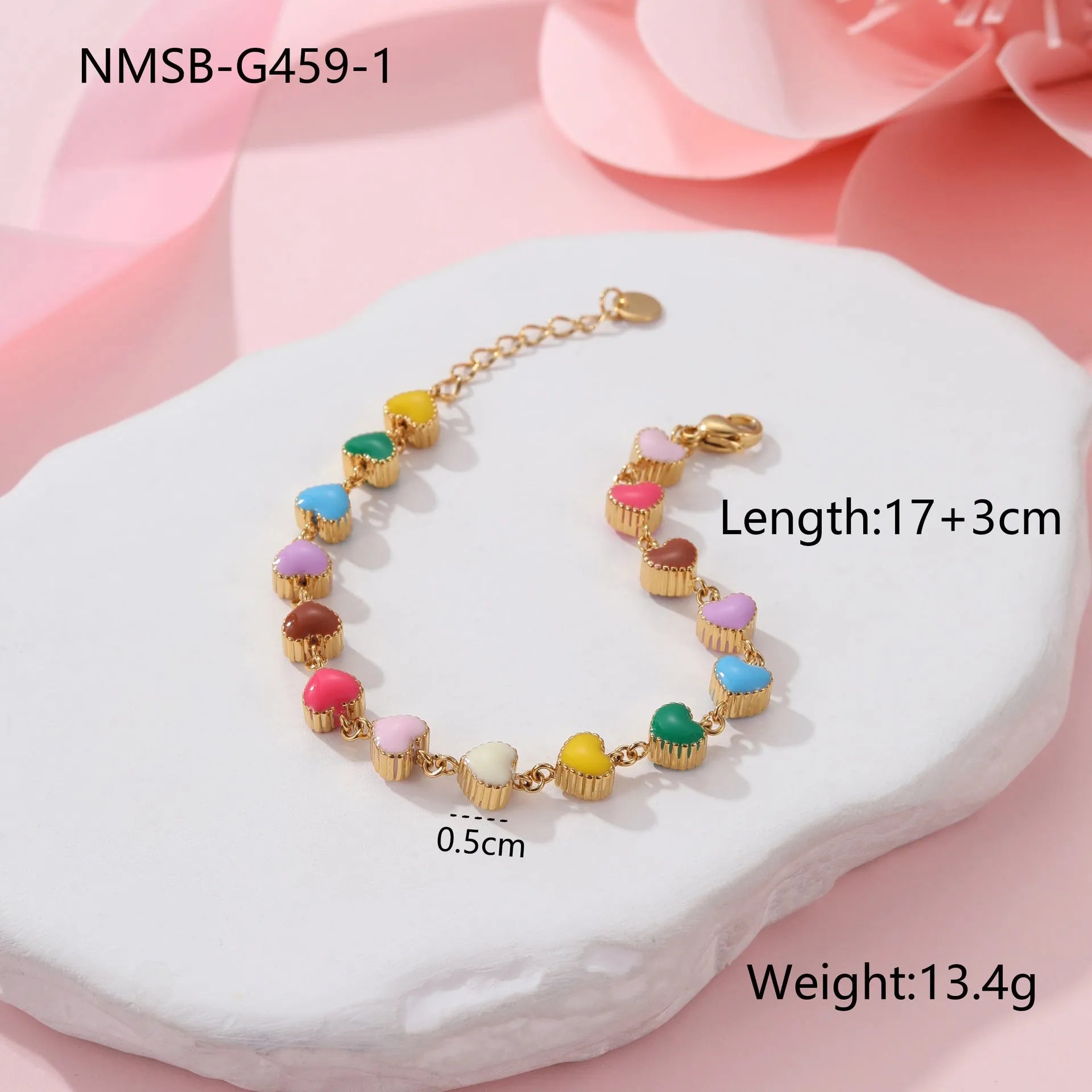 Heart-shaped titanium steel bracelet with colourful oil elements in gold or steel colour options