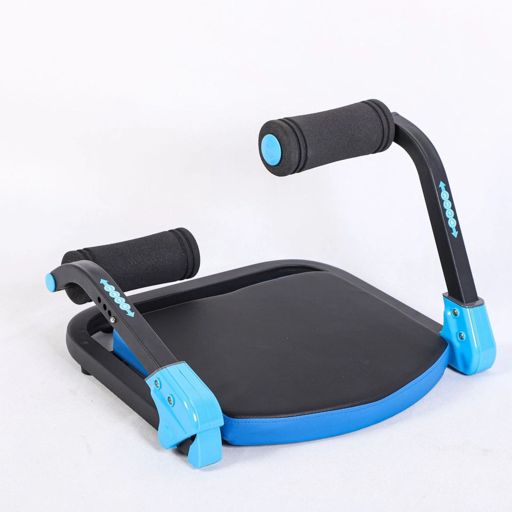 Sky blue and red coloured mini multifunctional abdominal fitness device on a white background.