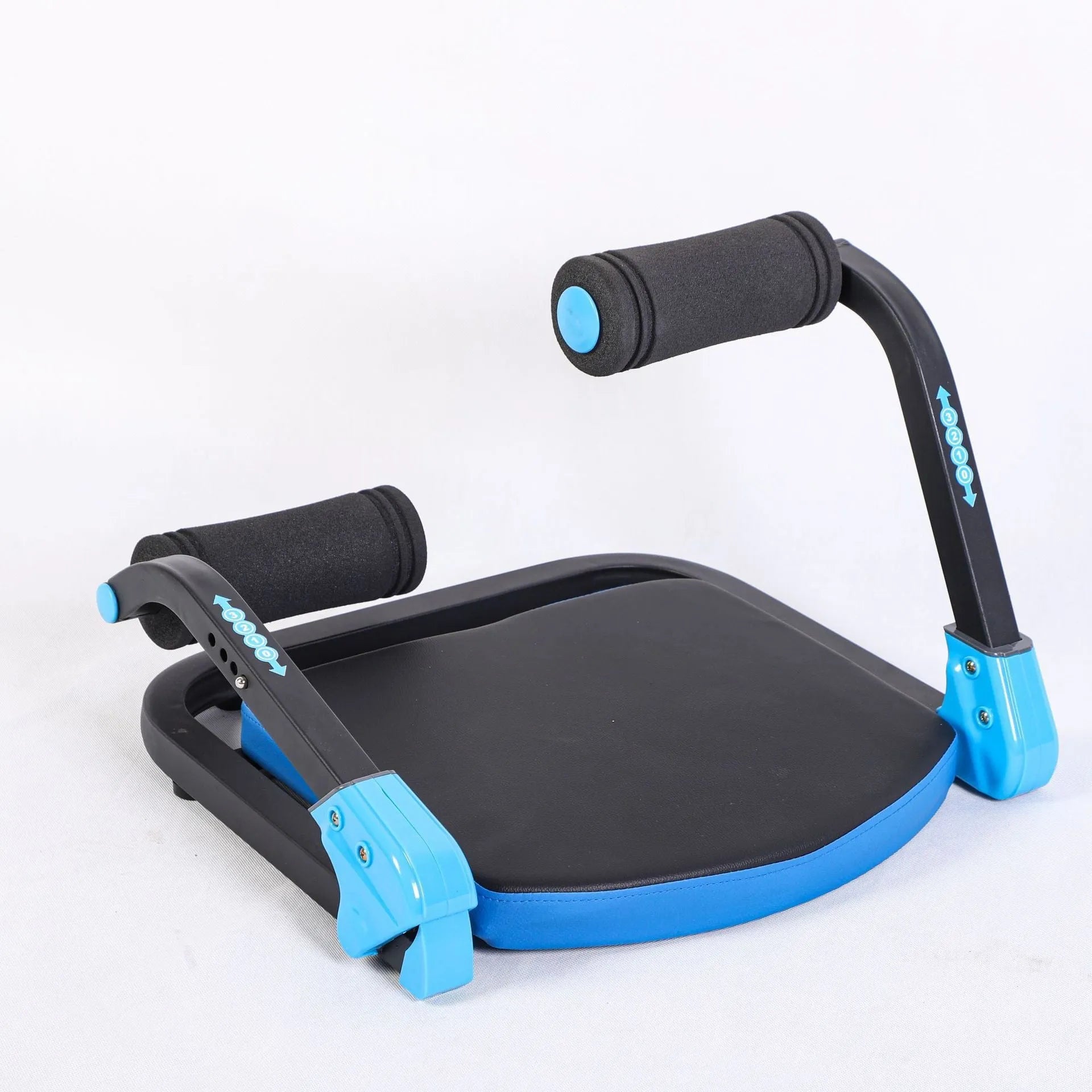 Sky blue and red coloured mini multifunctional abdominal fitness device on a white background.