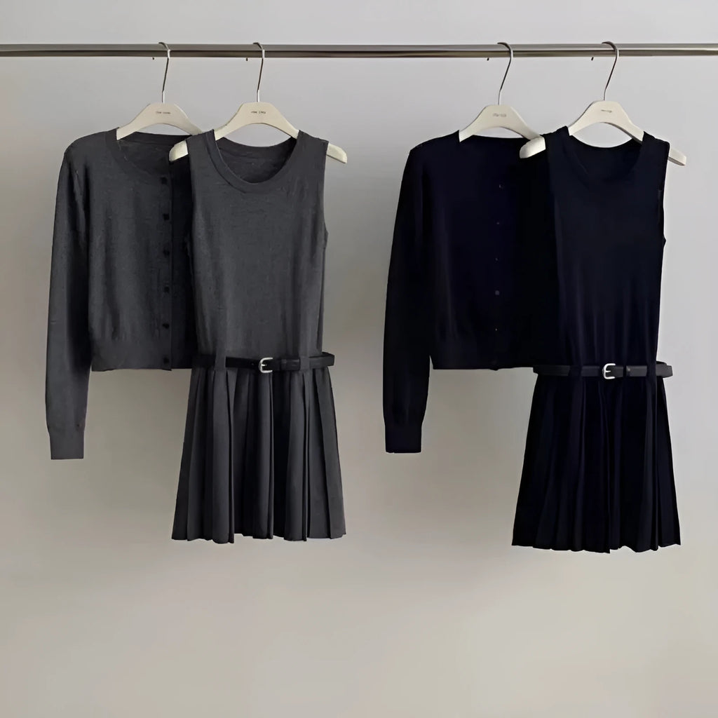 Women's grey vest skirt and cardigan two-piece set with belt and pleated details