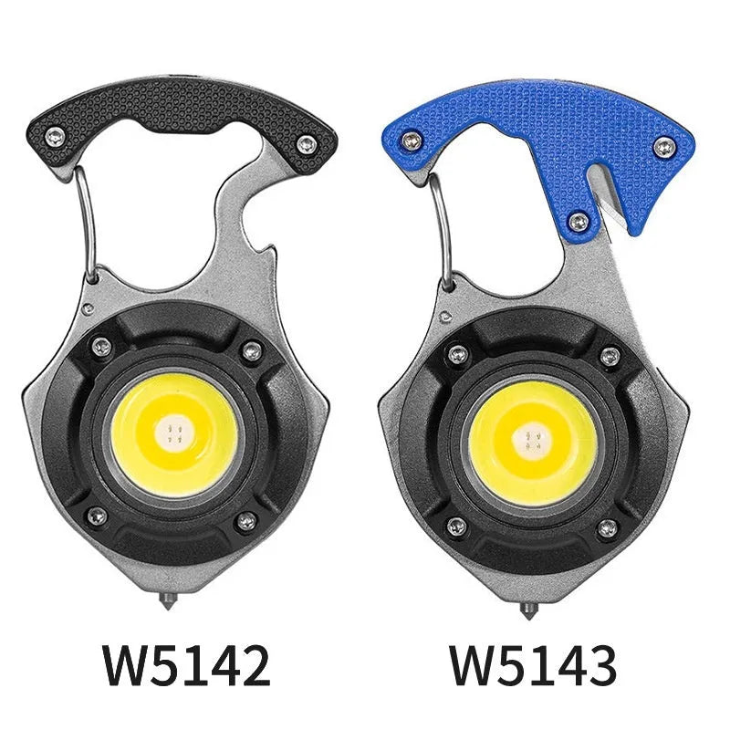 Compact multifunctional keychain torch showing COB light array, keyring, and built-in window breaker and screwdriver tools.