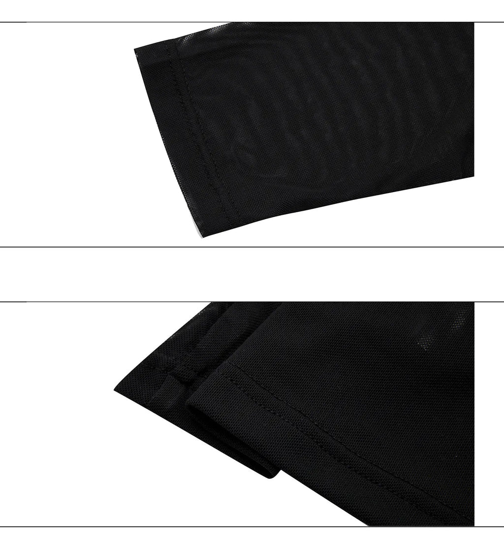 Man's black slim-fit long sleeve mesh shirt for gym wear and training.