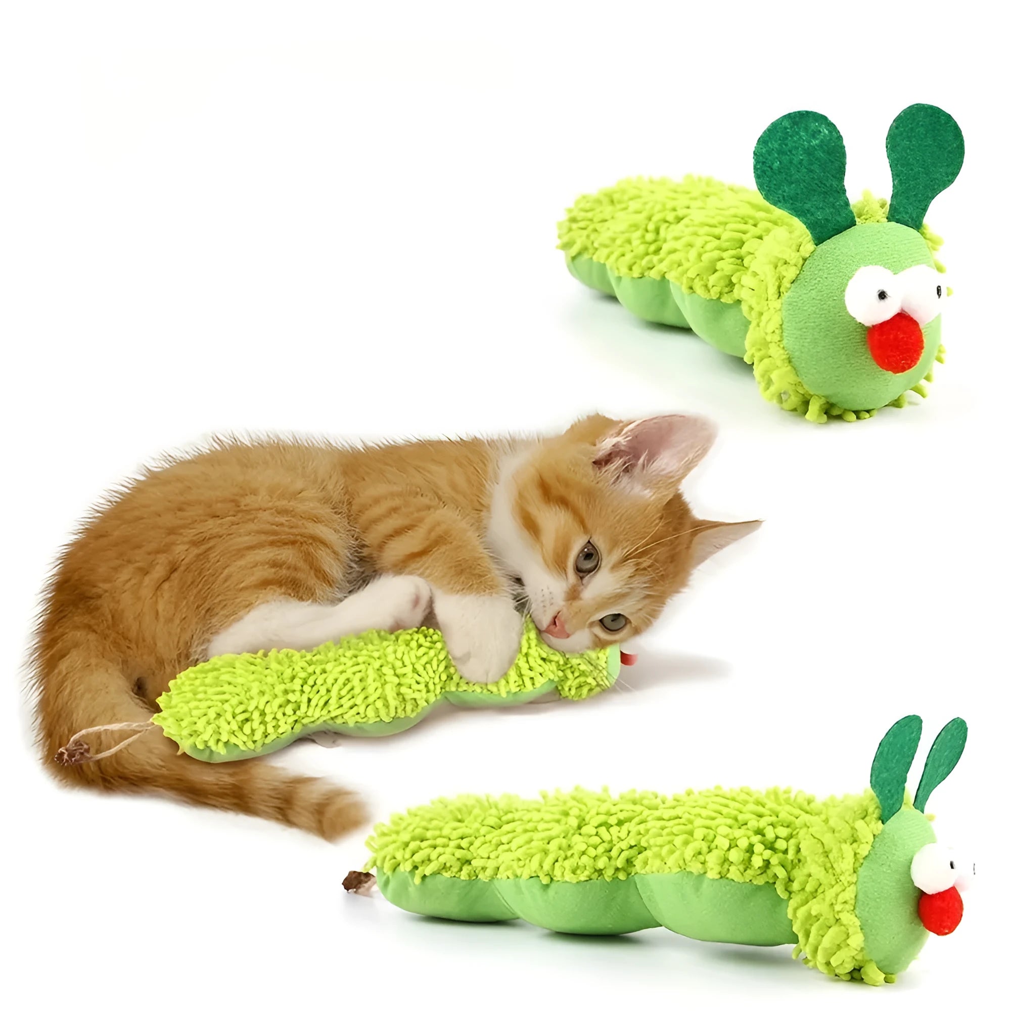 Green interactive plush cat toy pillow measuring 24x11x5cm with rechargeable electronic mechanism