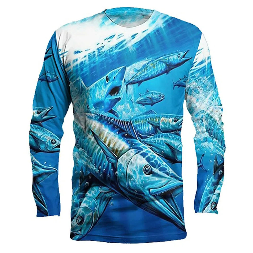Men's grey round neck long-sleeve top with a large printed blue and orange fish graphic on the front.