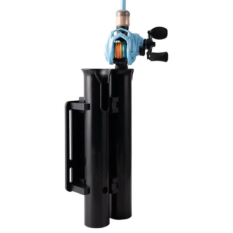Plastic fishing rod rack with double-layer frame and pipe clamp for bicycle and motorcycle mounting