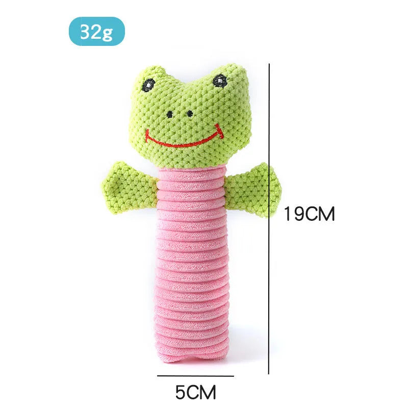 A cloth stuffed animal dog chew toy with a squeaker, shown next to a ruler measuring 19 cm in length.