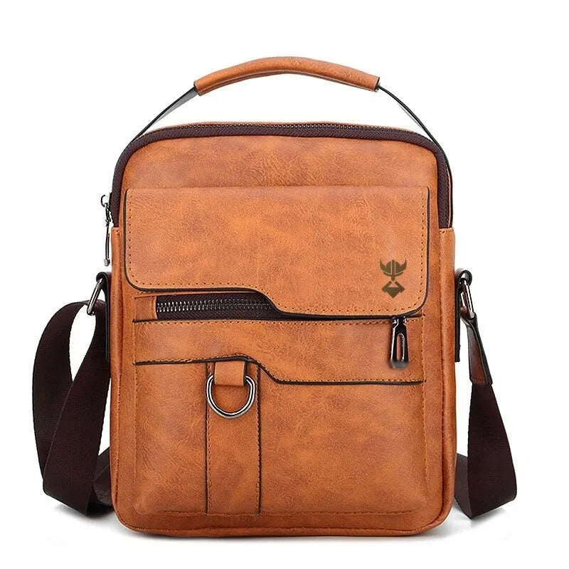Men's khaki PU leather shoulder bag with square vertical design and single strap