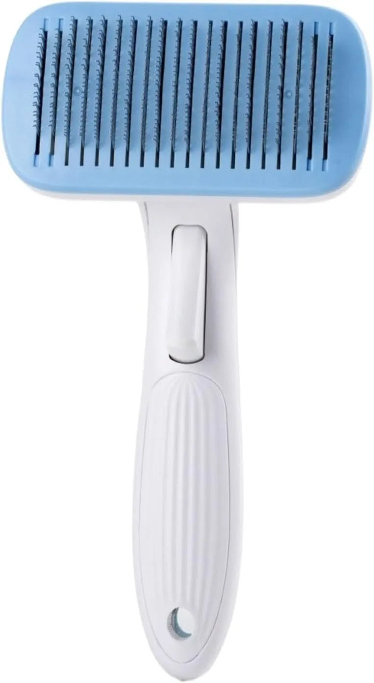 Automatic pet hair removal comb in blue, showing compact design and needle comb.