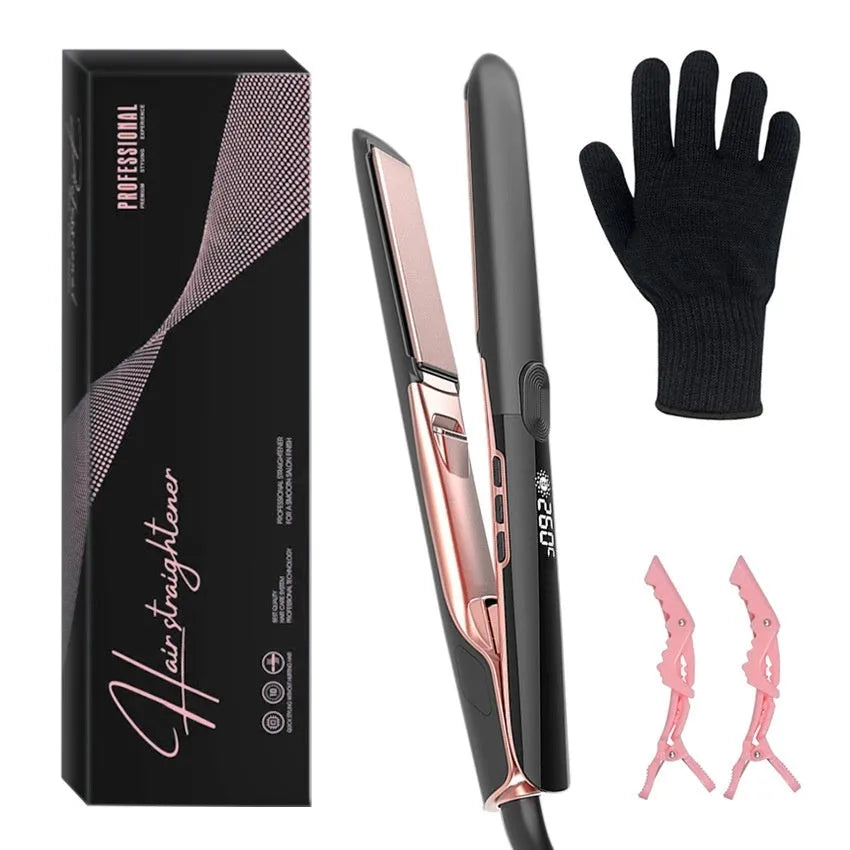 Hair straightener and curler with ceramic plates showing 207°C display and EU plug
