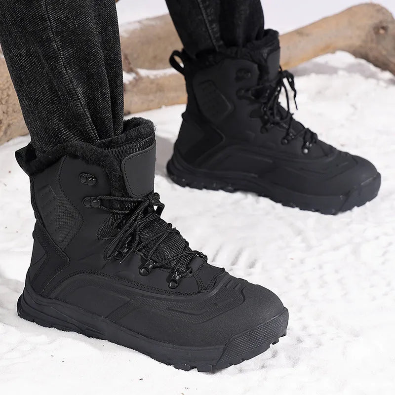 Men's black fleece-lined high-top lace-up boots with a flat heel on a ribbed sole