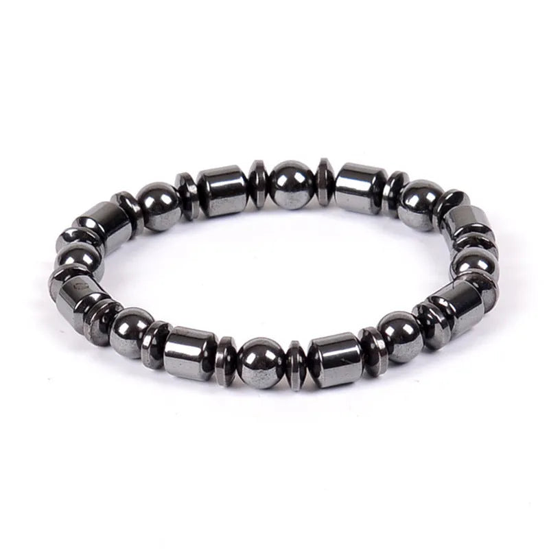 Black magnetic therapy bracelet with pentagram stone, magnetite and hematite construction, stretch design