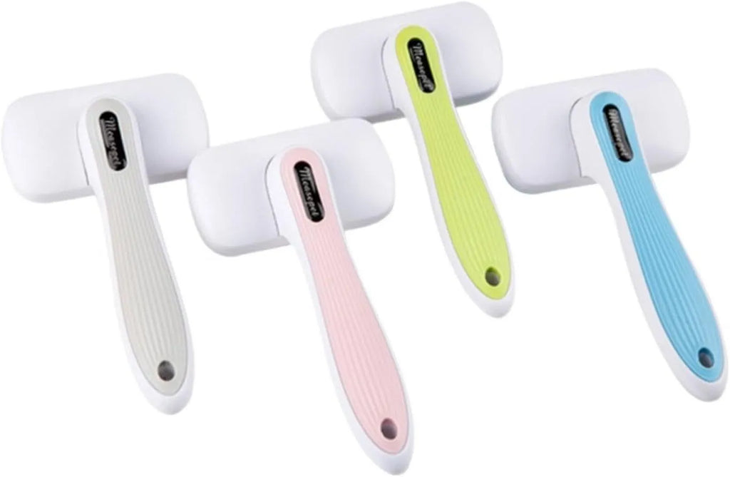 Automatic pet hair removal comb in blue, showing compact design and needle comb.