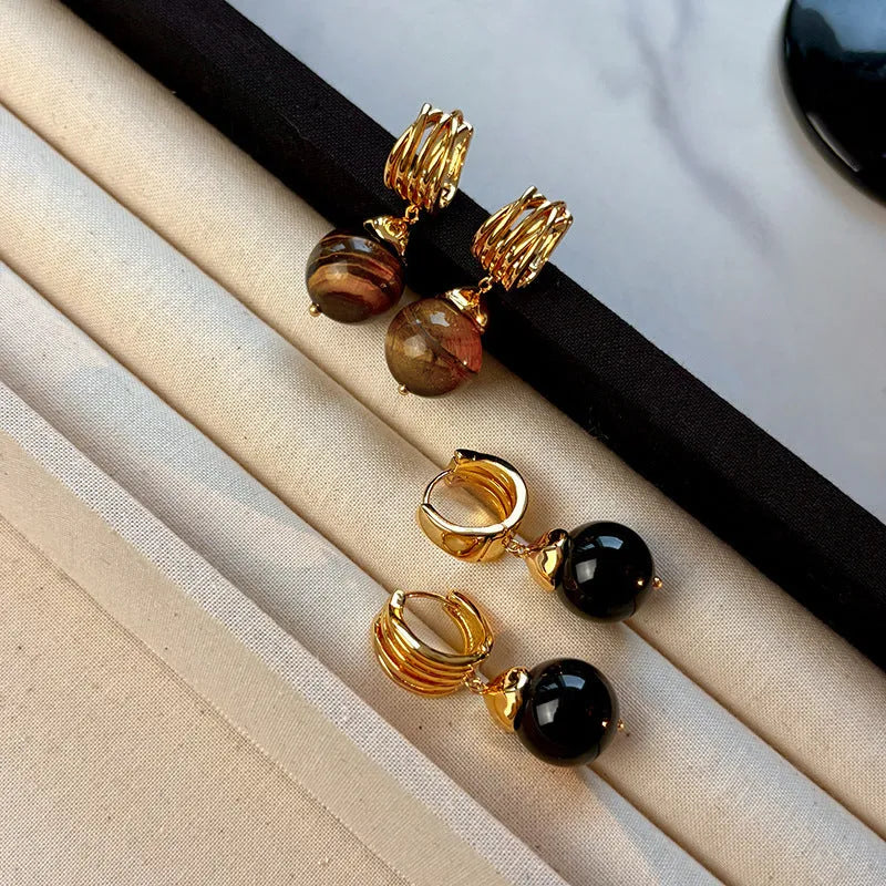 Tigereye geometric stud earrings with gold plating in brown and black colour options