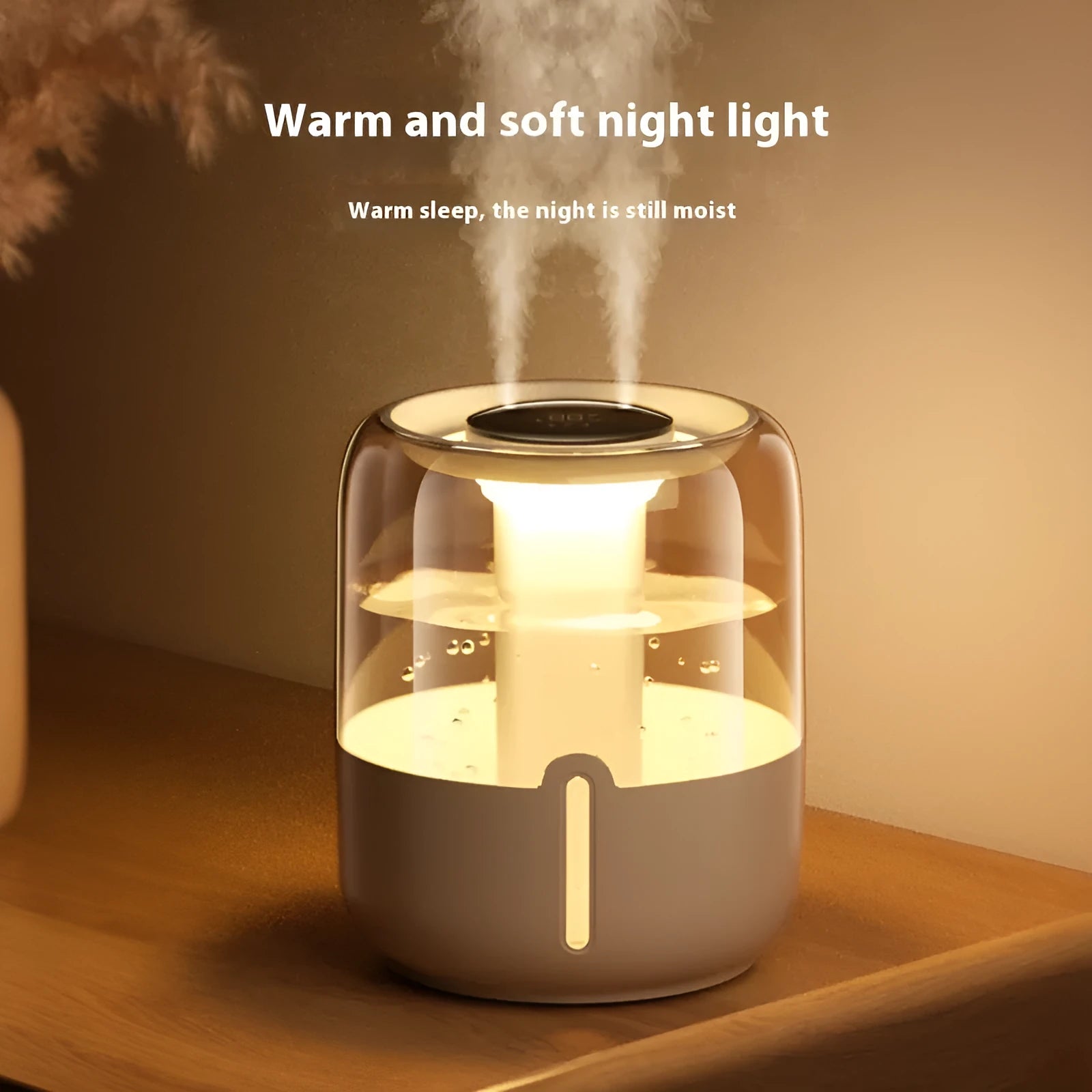 Beige round USB humidifier with dual spray outlets, humidity display and 3.7L capacity