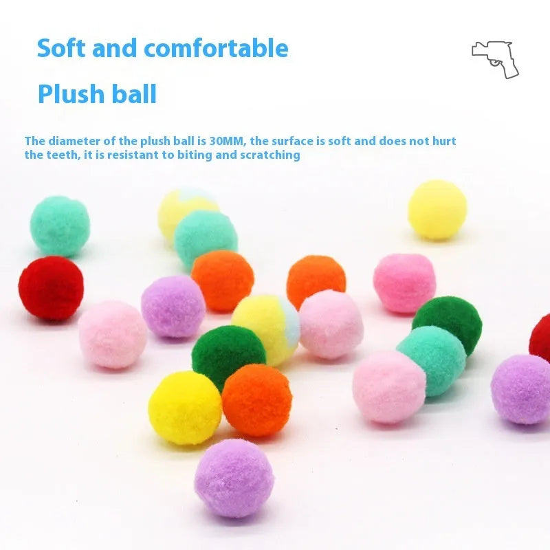 Interactive pet toy gun with plush balls for dogs and cats, showing launcher with 30cm barrel and multiple soft balls