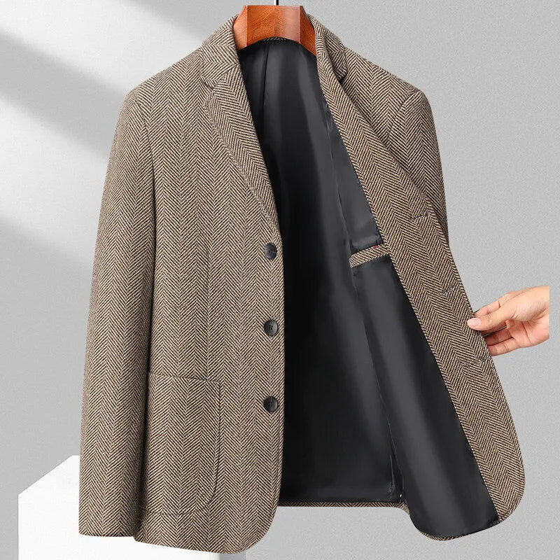 Men's simple style loose fit wool blend coat shown in a solid colour for spring and autumn.