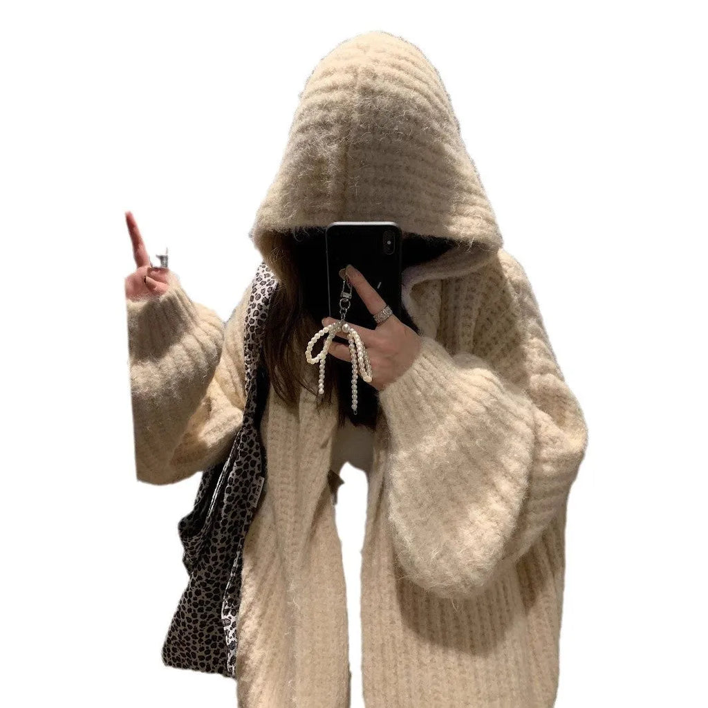Women's brown retro-style hooded cardigan with loose fit and thick acrylic fabric