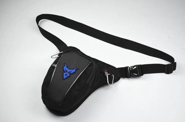 Motorcycle leg bag in red, blue, green, or grey, showing adjustable straps and 1200D Oxford cloth construction.