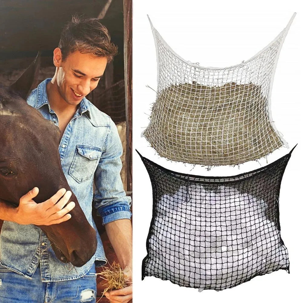 Woven grid horse hanging feeding bag in black colour with PE rope construction