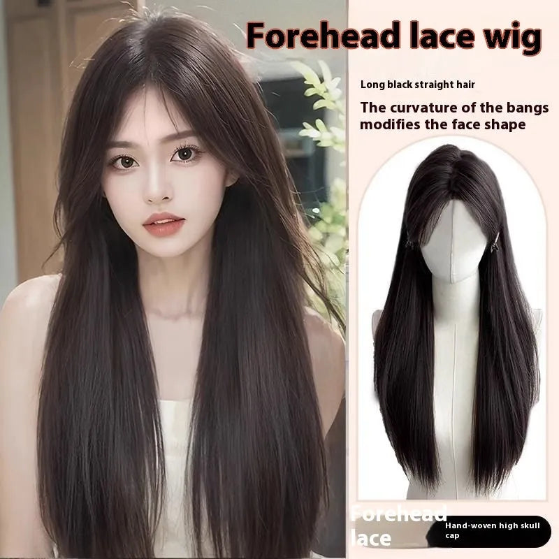 Forehead lace long straight black wig with side bangs in high temperature fibre material