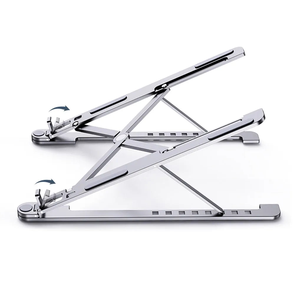 Foldable aluminium laptop stand in silver, shown open in use and closed for storage.