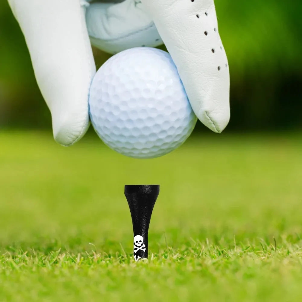 Ten black bamboo golf spike dowel pins with skull print decoration in 70mm and 83mm lengths