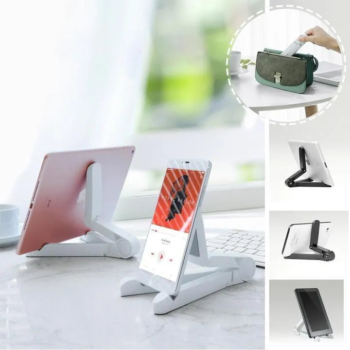 Black foldable tablet holder open in landscape mode holding a smartphone, showing side adjustment buttons.