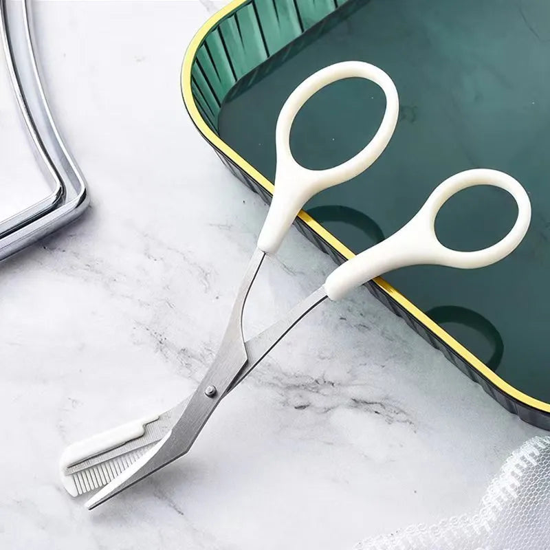 Curved moon eyebrow trimming knife with cutting comb in stainless steel and plastic construction
