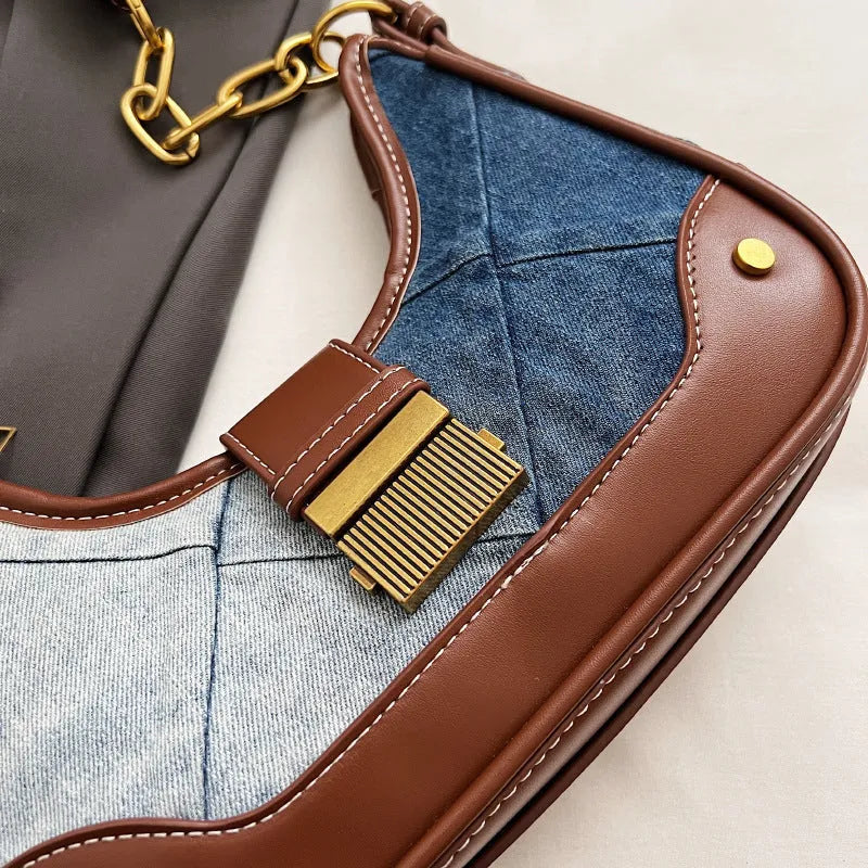 Brown denim women's shoulder bag with diamond mesh chain design and internal phone compartment