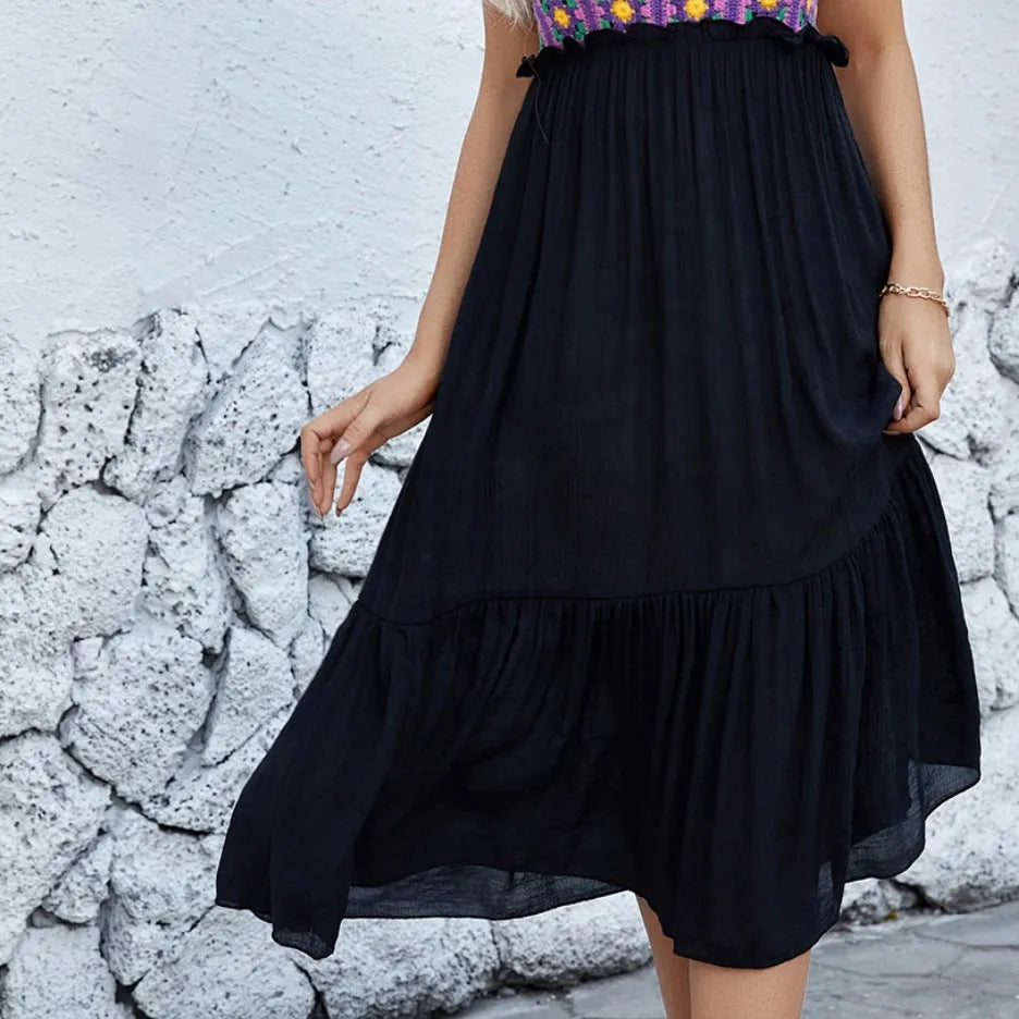 Purple sleeveless dress with hand-hooked floral stitching detail on cotton blend fabric.