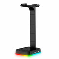 Acrylic RGB headset display stand with dual USB ports and colour-changing lights, holding a pair of headphones.