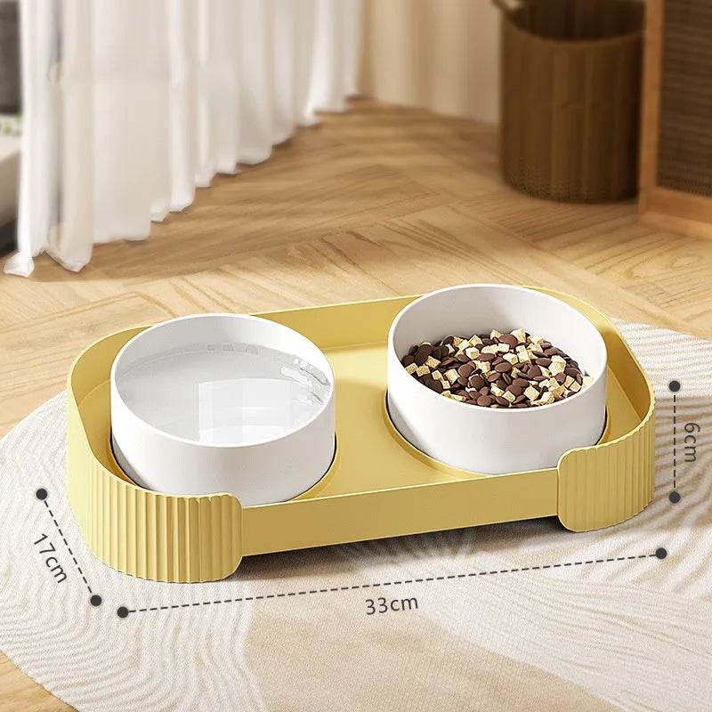 Green ceramic elevated cat bowls with 15-degree tilted stand and non-slip base