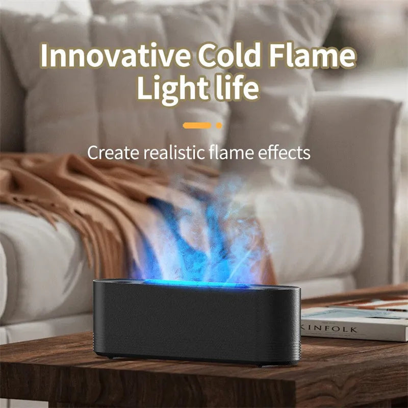 Black and white flame effect LED humidifier with ultrasonic mist and essential oil diffuser