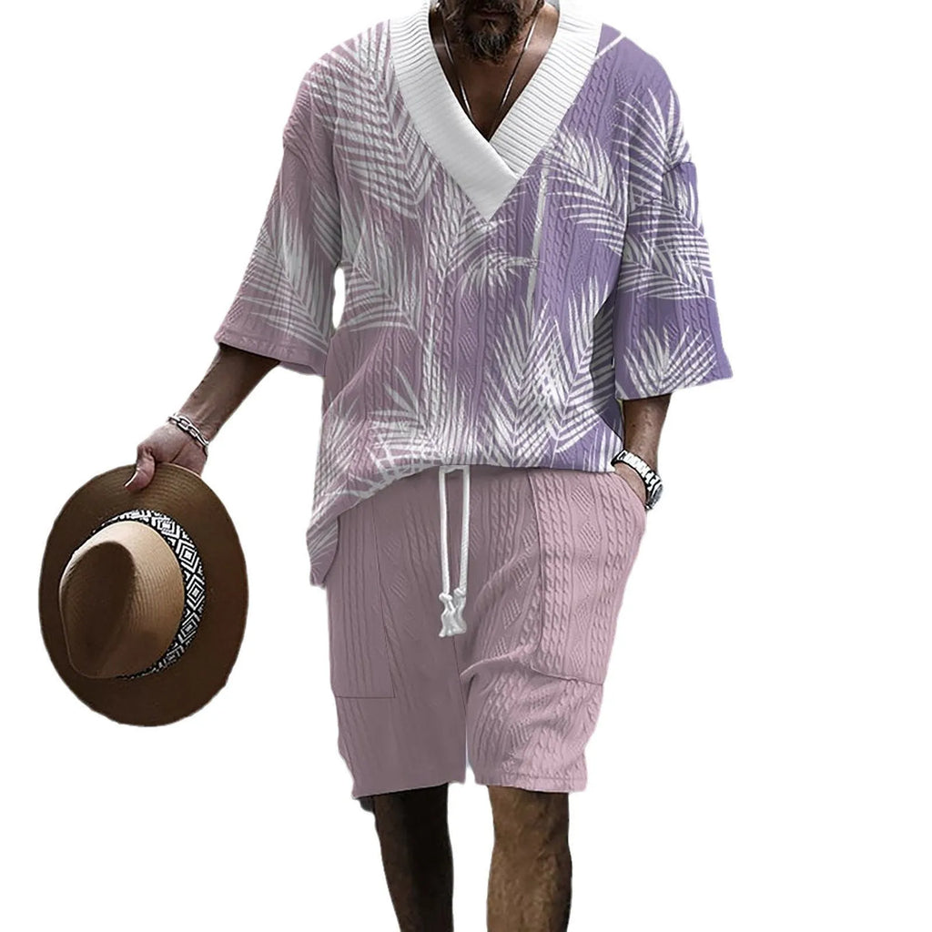 Men's knitted drop-shoulder short-sleeved top and matching shorts set in a printed design
