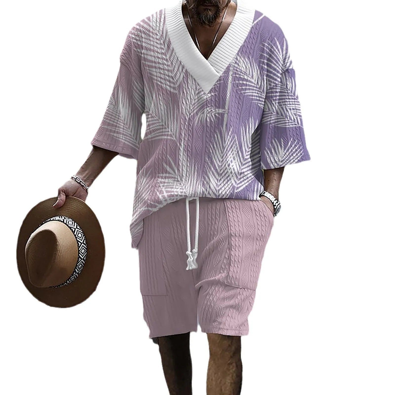 Men's knitted drop-shoulder short-sleeved top and matching shorts set in a printed design
