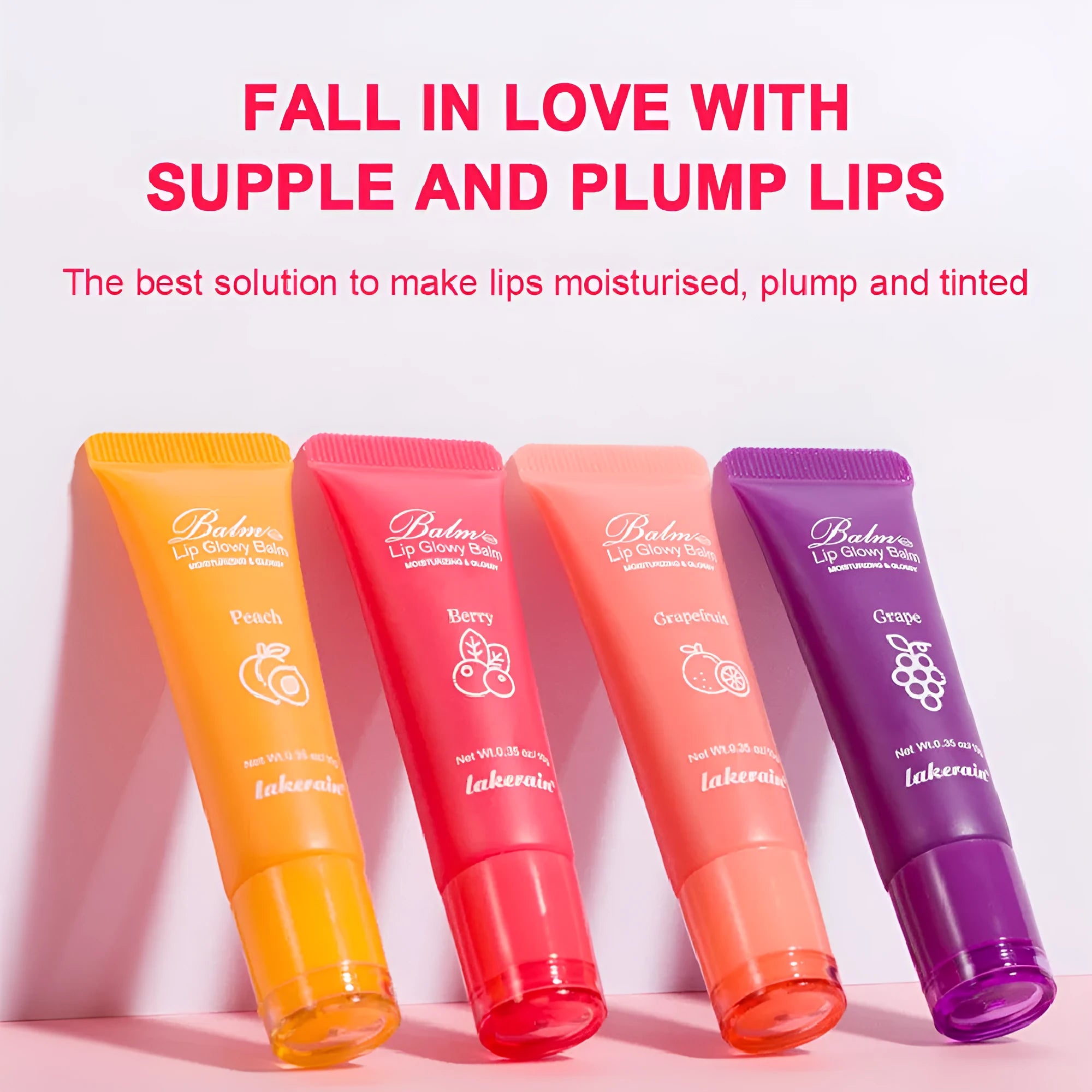 Four flavoured lip glosses in berry, grape, grapefruit, and yellow peach shades.