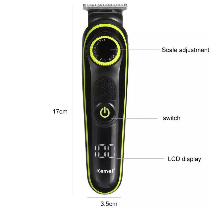 Black KM-696 rechargeable electric hair clipper set with stainless steel blade and cleaning brush.