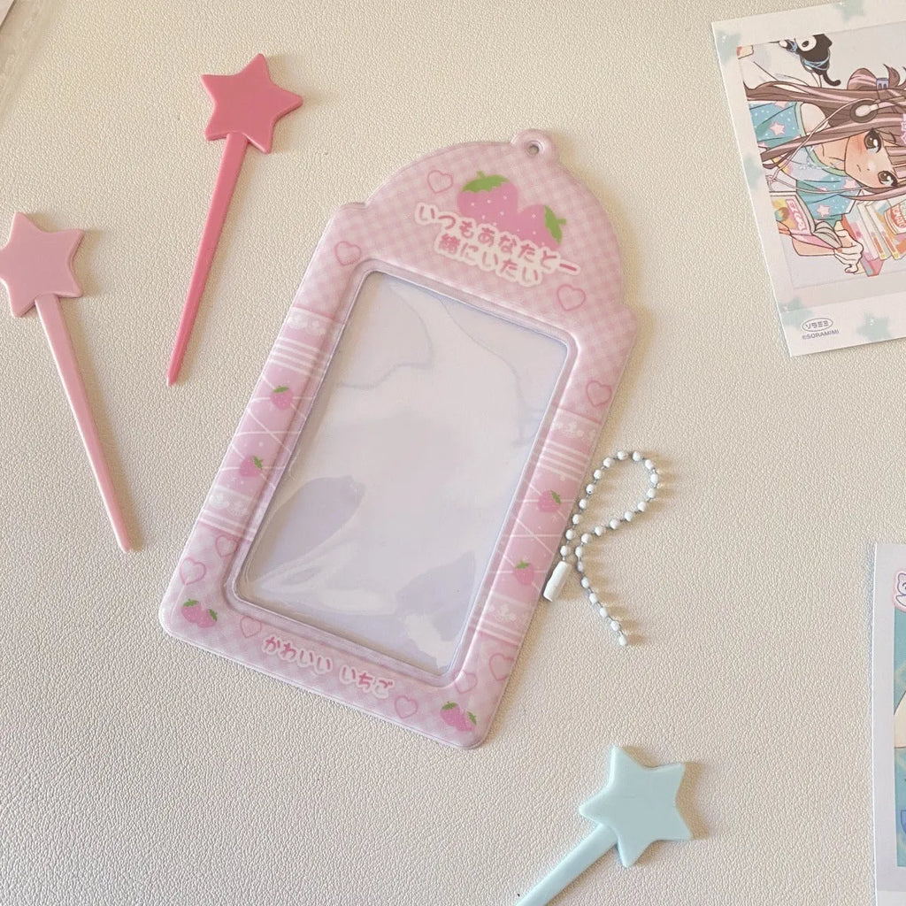 PVC plastic card holder with strawberry plaid pattern measuring 7.6 by 13.6 centimetres